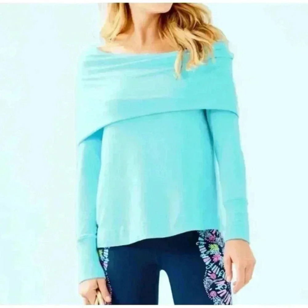 Lilly Pulitzer Belinda Top Off‎ Shoulder Blue Long Sleeve Knit Cowl-neck Size M